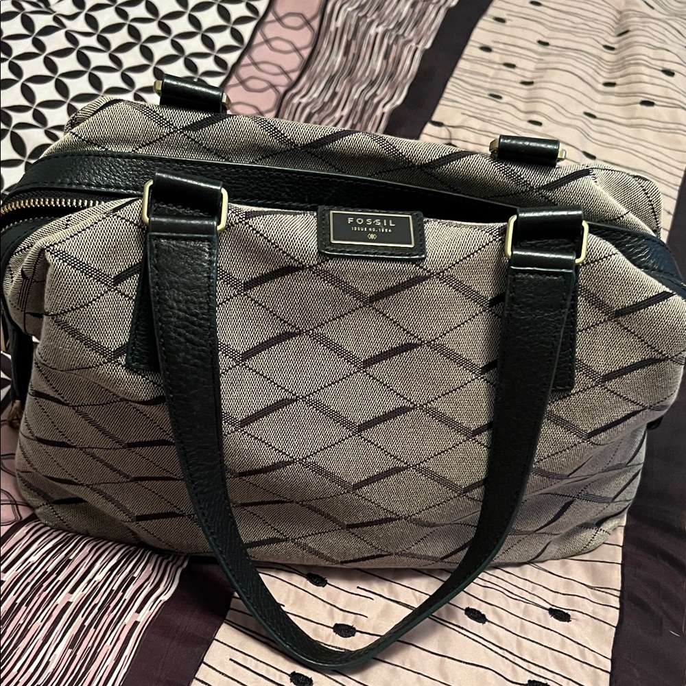 Fossil Black-Trim Diamond Pattern Satchel